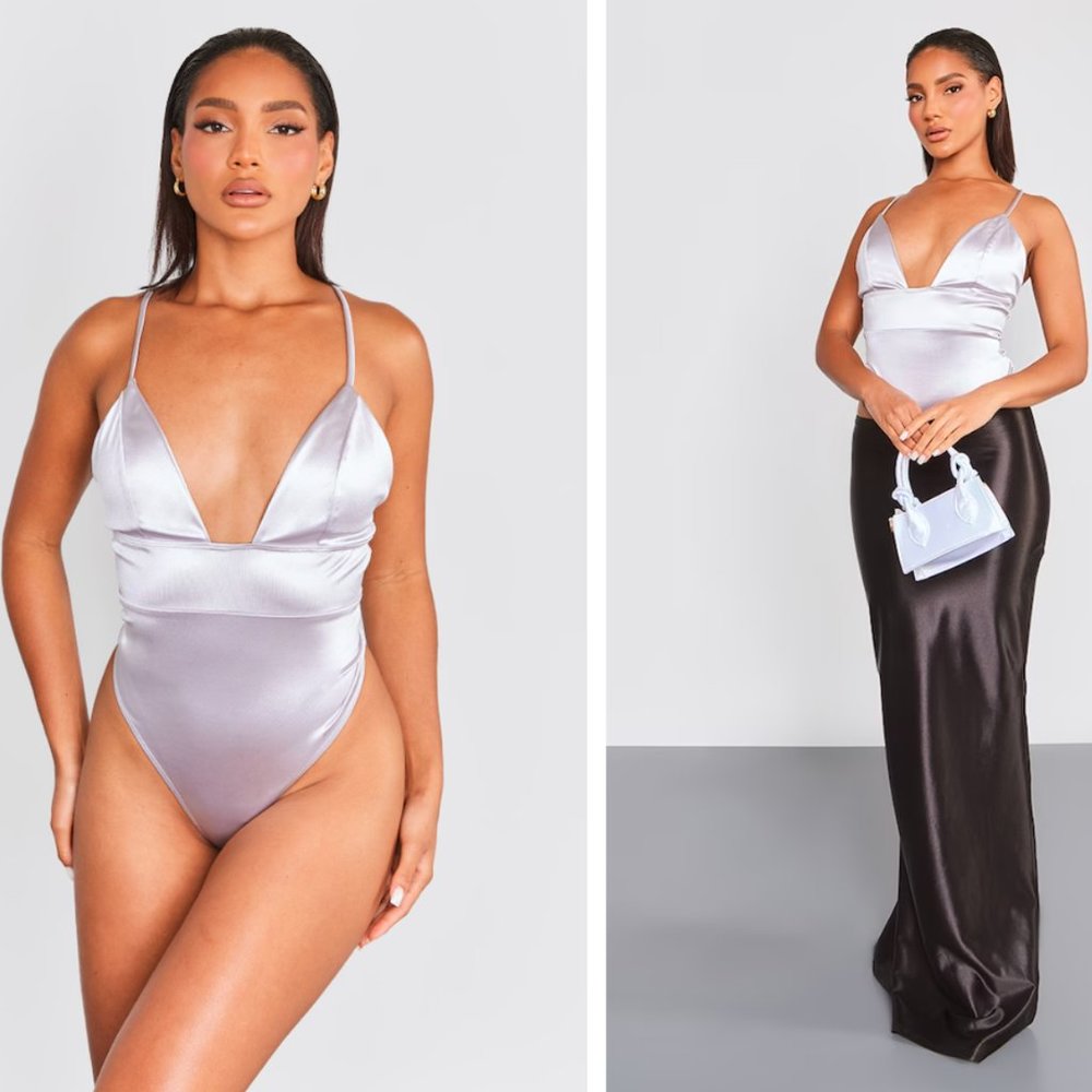 PRETTY LITTLE THING Silver Satin Plunge Bodysuit